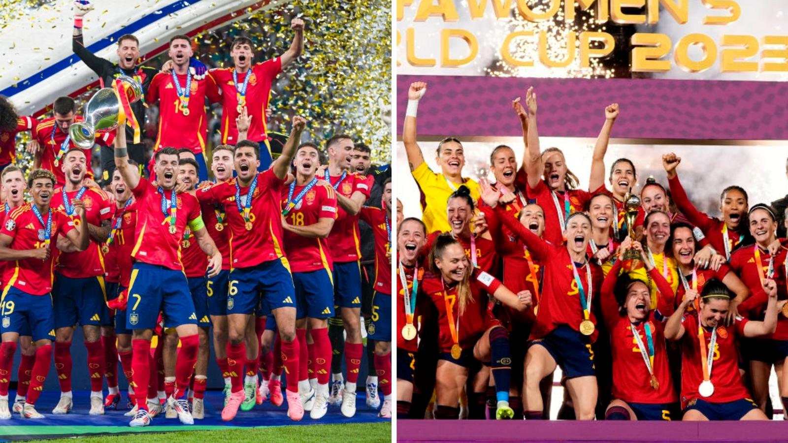 The men and women's Spanish football teams celebrate winning Euro 2024 and the 2023 Women's World Cup