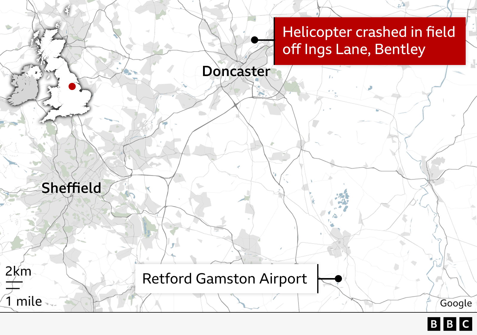 Map showing the location of a helicopter crash near Doncaster, England. The crash occurred in a field off Ings Lane in Bentley, just north of Doncaster. The map also marks Retford Gamston Airport to the southeast and Sheffield to the southwest for reference. A small inset map of the UK highlights the crash area in northern England.