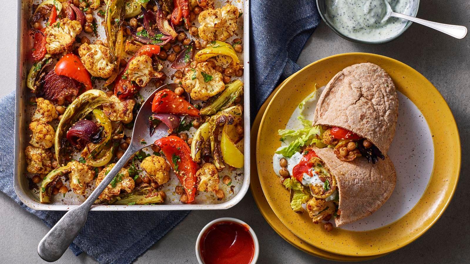 Chickpea traybake pittas