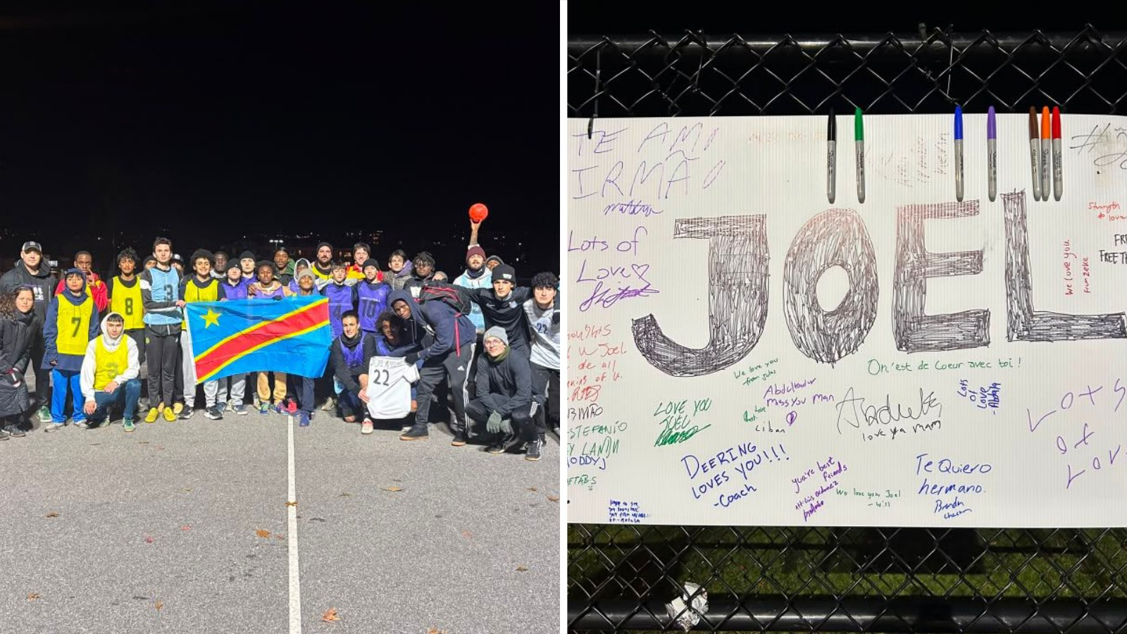 A split image shows a group of people holding up a DR Congo flag and a placard bearing the name Joel in the centre surrounded by several supportive messages written in various different colours of ink