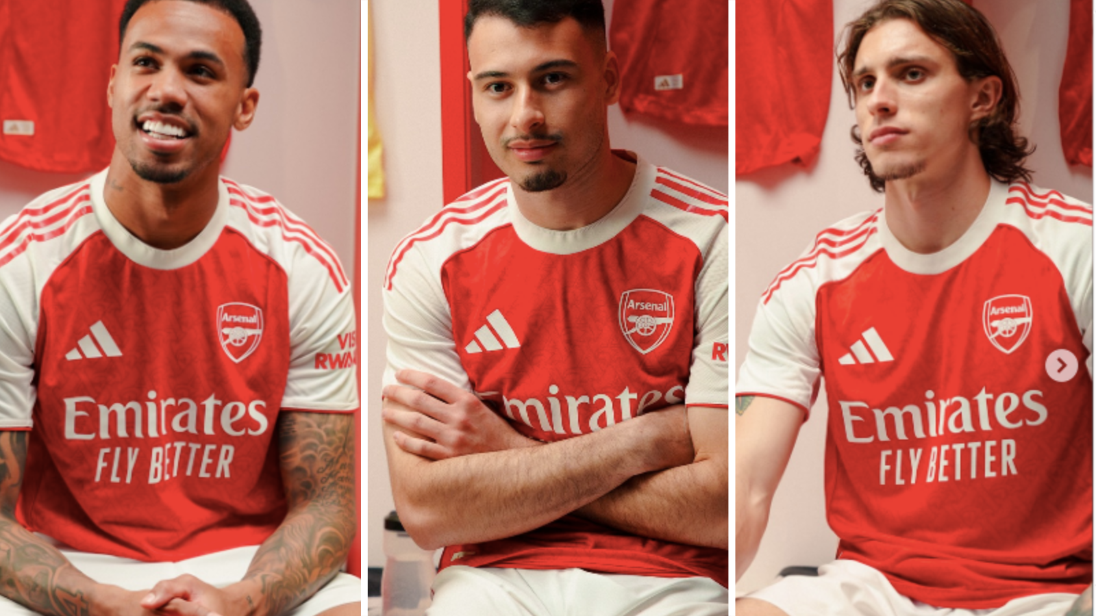 Gabriel Magalhaes, Gabriel Martinelli and Riccardo Califiori wear new Arsenal home kit.