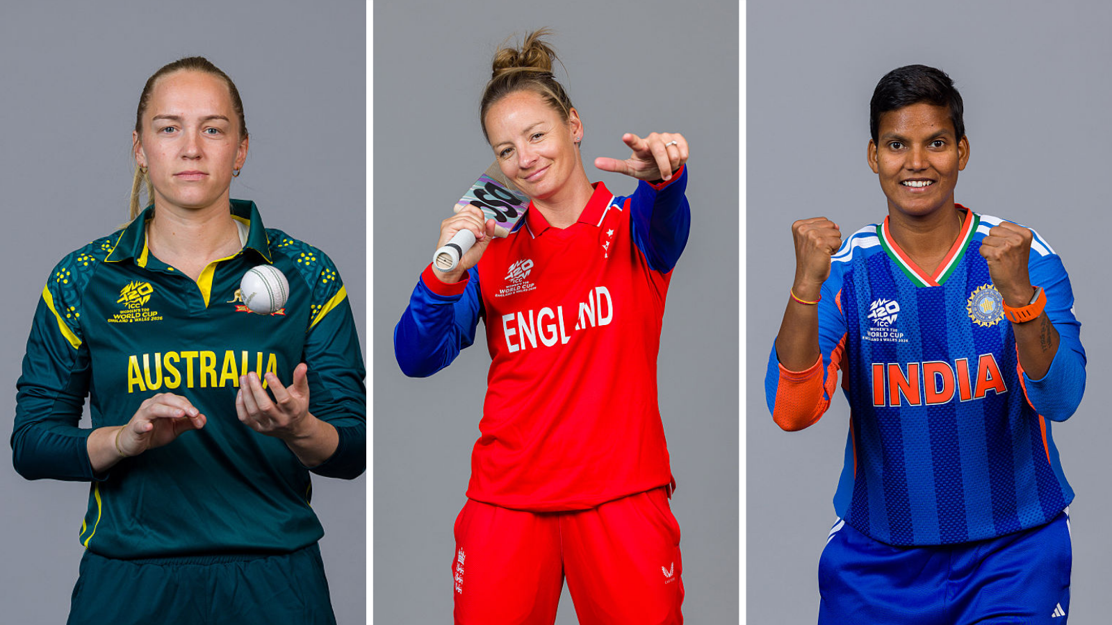 Split image of Kim Garth (wearing a green Australia shirt), Danni Wyatt-Hodge (red England shirt, blue sleeves), and Deepti Sharma (blue India shirt)