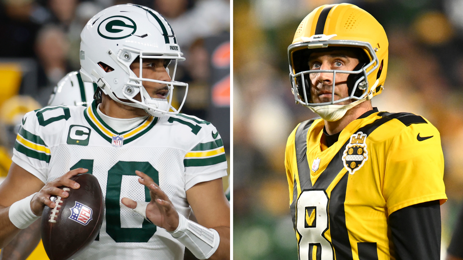Jordan Love of the Green Bay Packers and Aaron Rodgers of the Pittsburgh Steelers