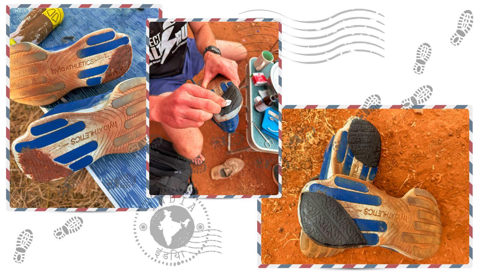 Hannah's trainers being fixed with pieces of car tyre