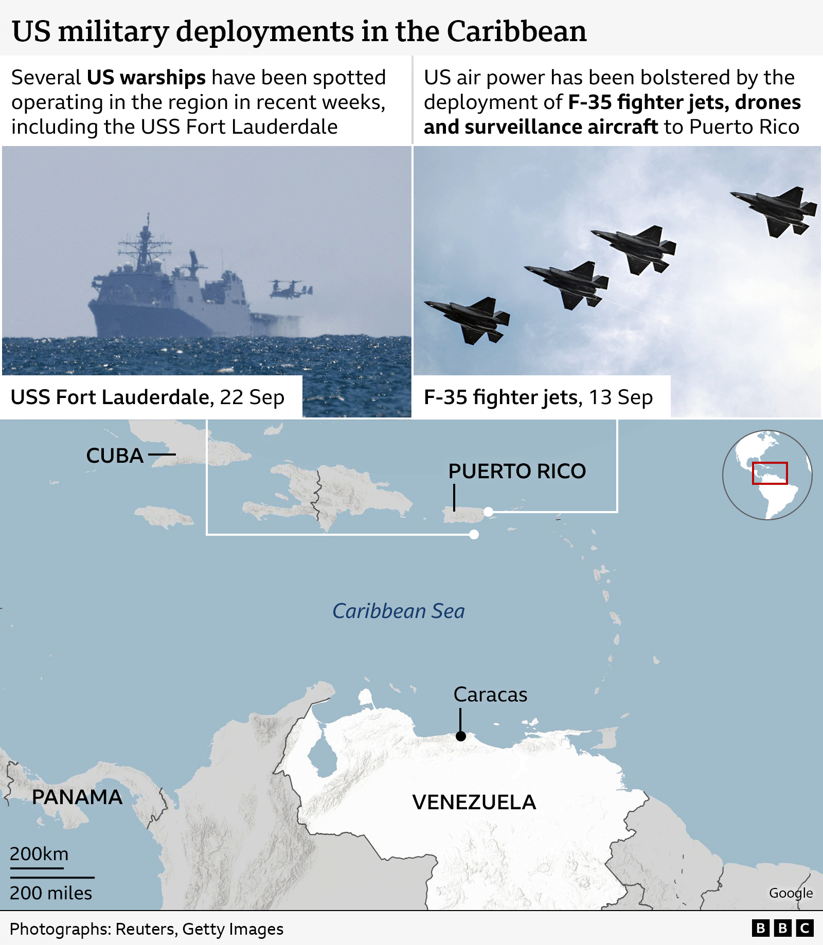 A map showing Venezuela and the Caribbean Sea off its north coast. There is a photograph of a US warship with a locator pointing to the sea just south of Puerto Rico, to show the approximate area where several US warships have been spotted. A photo of F-35 fighter jets has a locator pointing to Puerto Rico, with text to explain that F-35 jets have been deployed to Puerto Rico. 