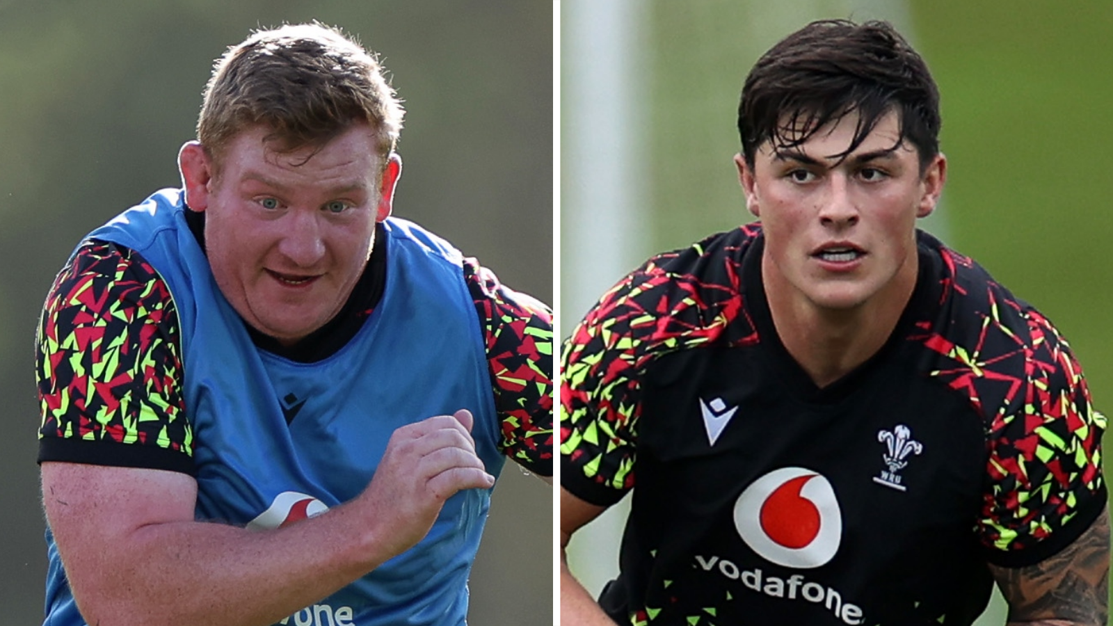 Two pictures, one of Rhys Carre and one of Louis Rees-Zammit in training with Wales