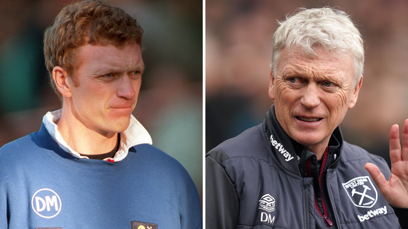 David Moyes pictured in 1998 and in the 2023-24 season