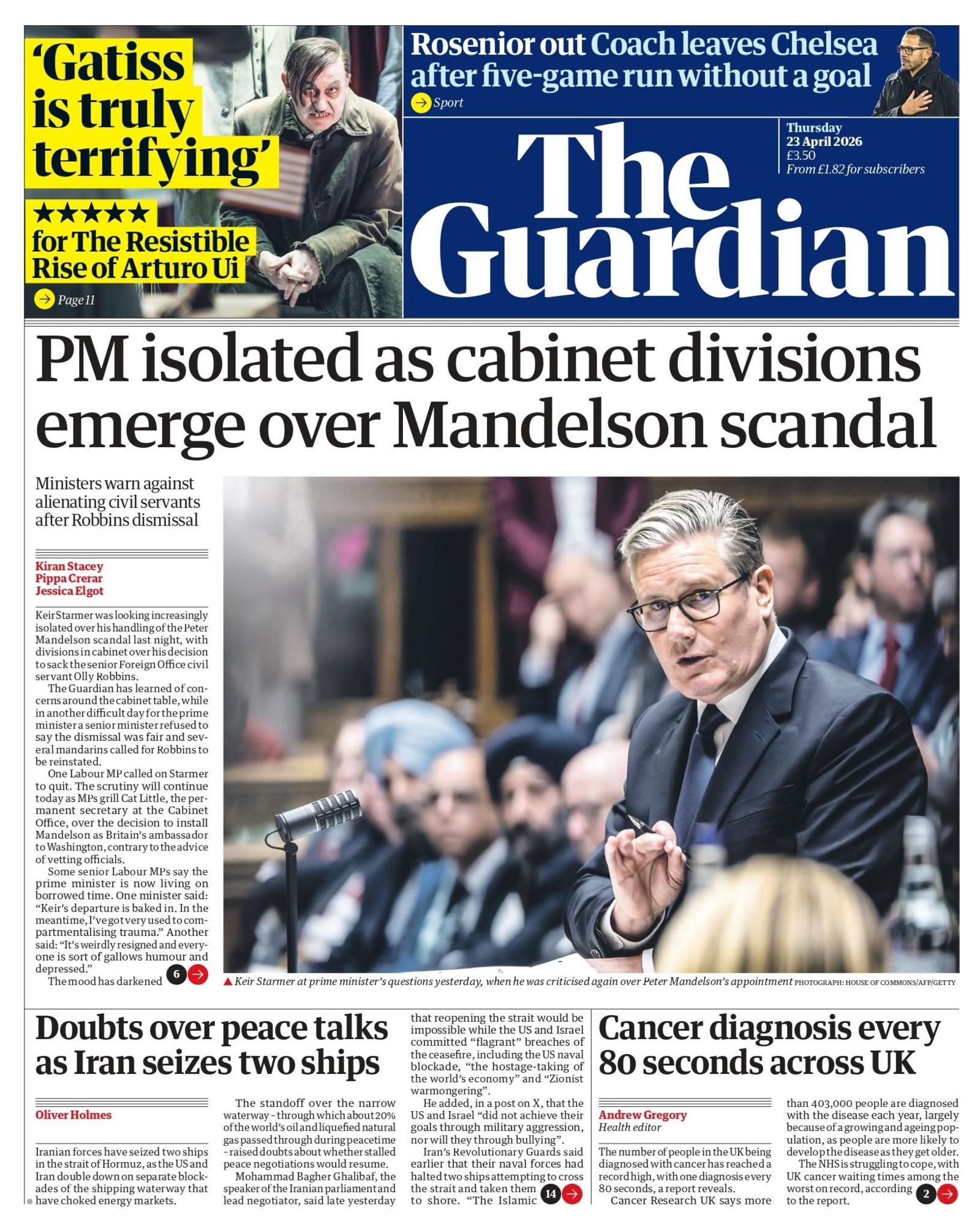 “Kryeministri i izoluar ndërsa dalin në pah përçarjet në kabinet për shkak të skandalit të Mandelsonit”, shkruhet në titullin kryesor të faqes së parë të gazetës Guardian.