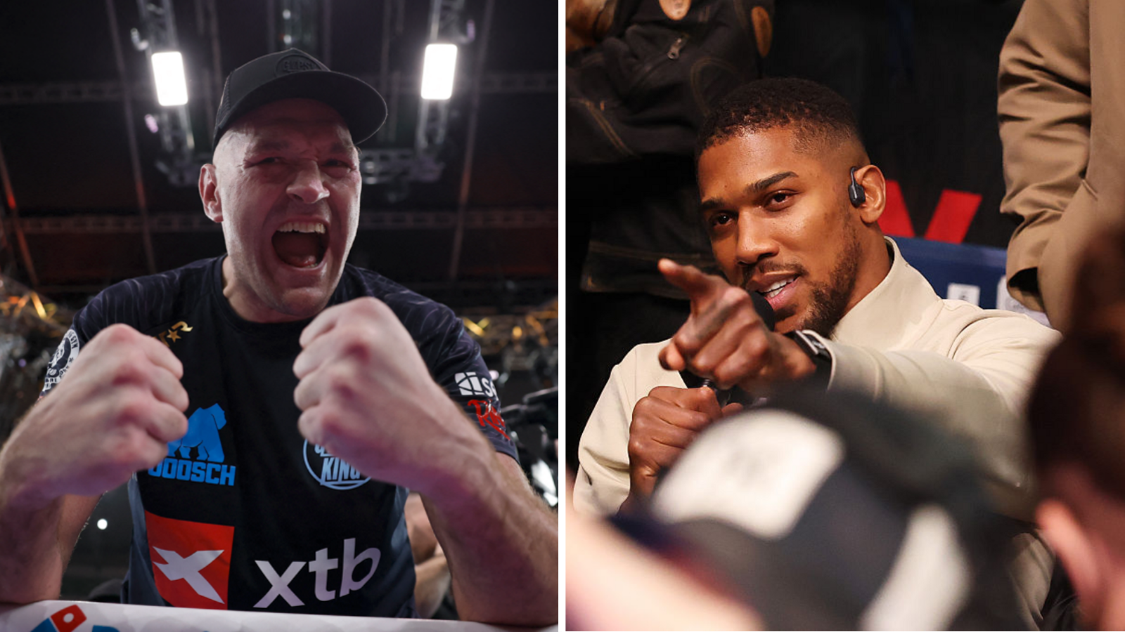 Split image of Tsyon Fury celebrating and Anthony Joshua pointing from ringside