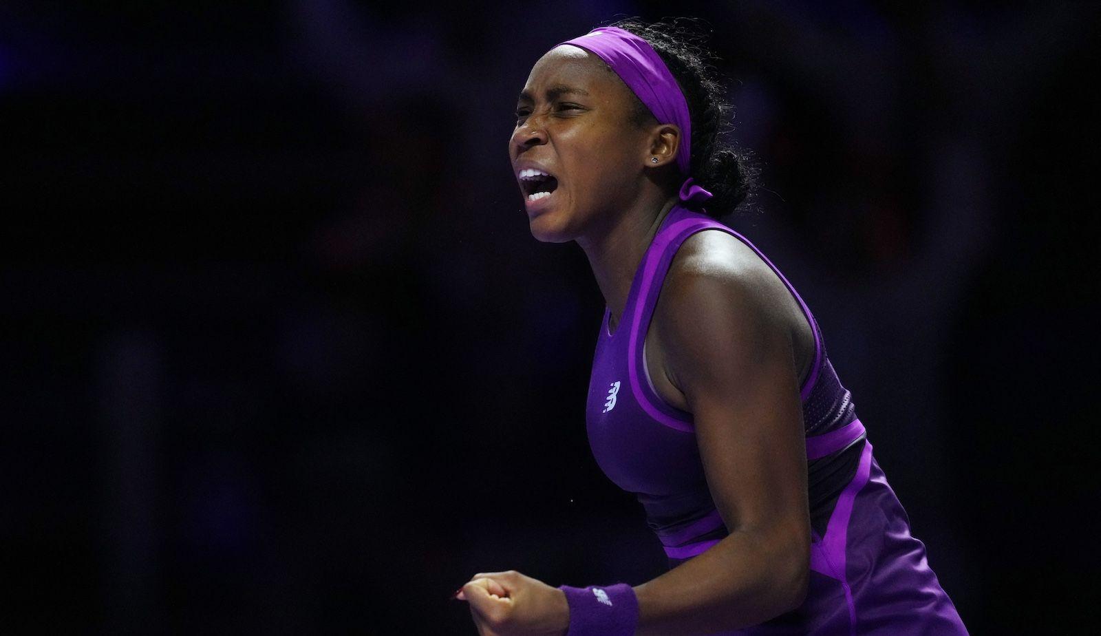 Coco Gauff celebrates a point against Zheng Qinwen