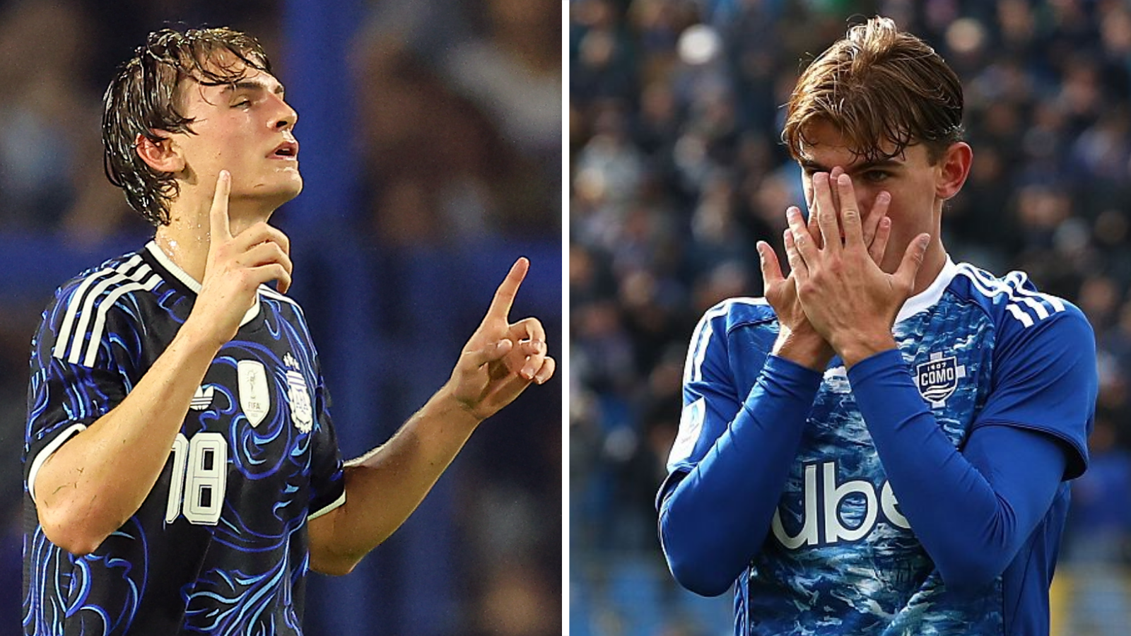 Images showing Argentina midfielder Nico Paz's goal celebrations - in the first he emulates Lionel Messi's iconic goal celebration by pointing to the sky with both hands after scoring (left) but during his recent run of finding the net in Serie A, he preferred to cover his face with his hands and use 'the mask' (right).