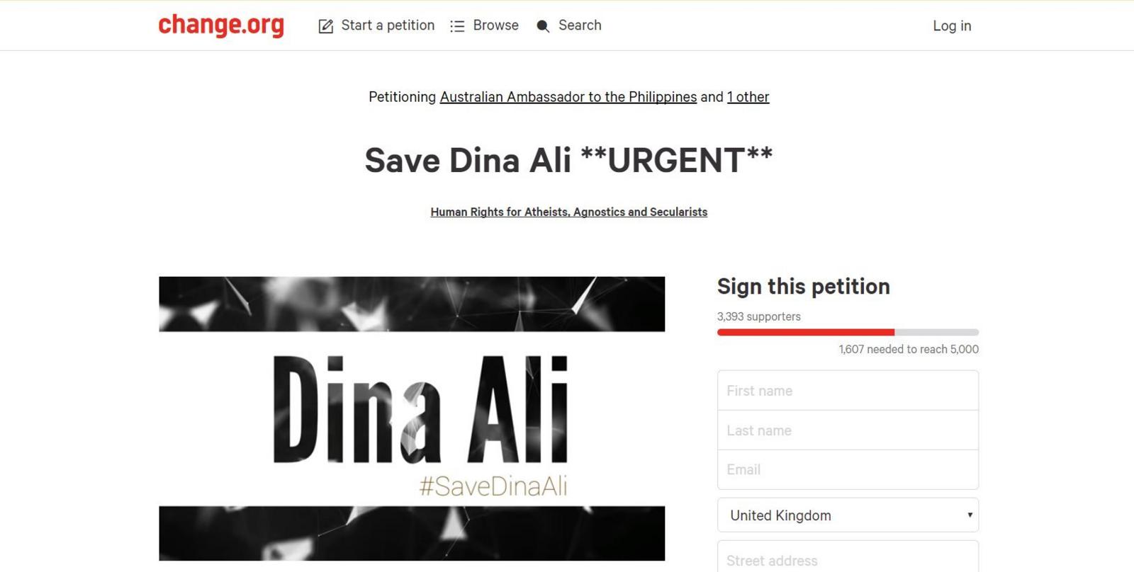 Screen grab of change.org petition for Dina Ali