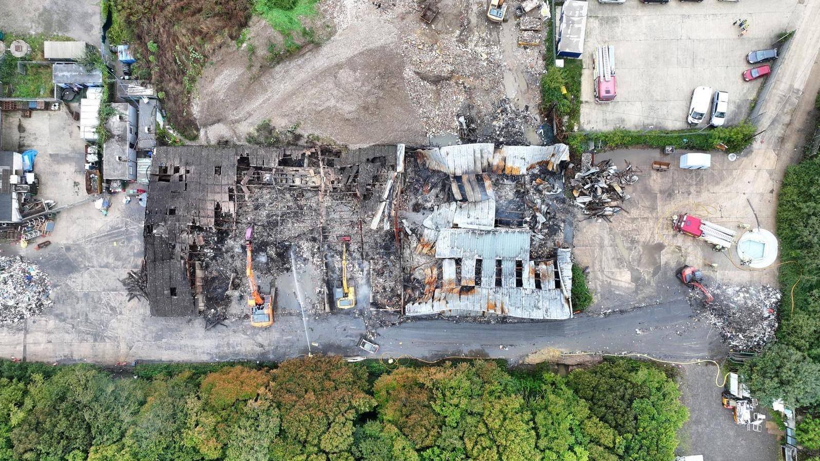 An aerial view of the burnt building