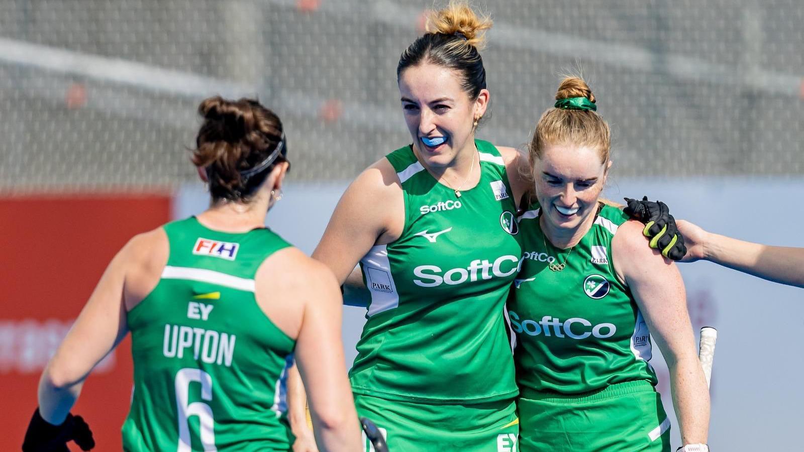 Hannah McLoughlin is congratulated after scoring against Italy