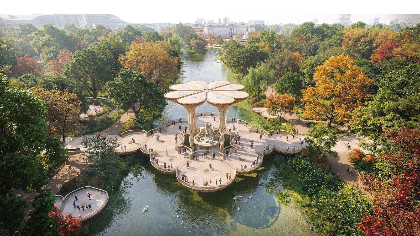a bridge made of lilypads over a lake, and a statue of the Queen on a horse.