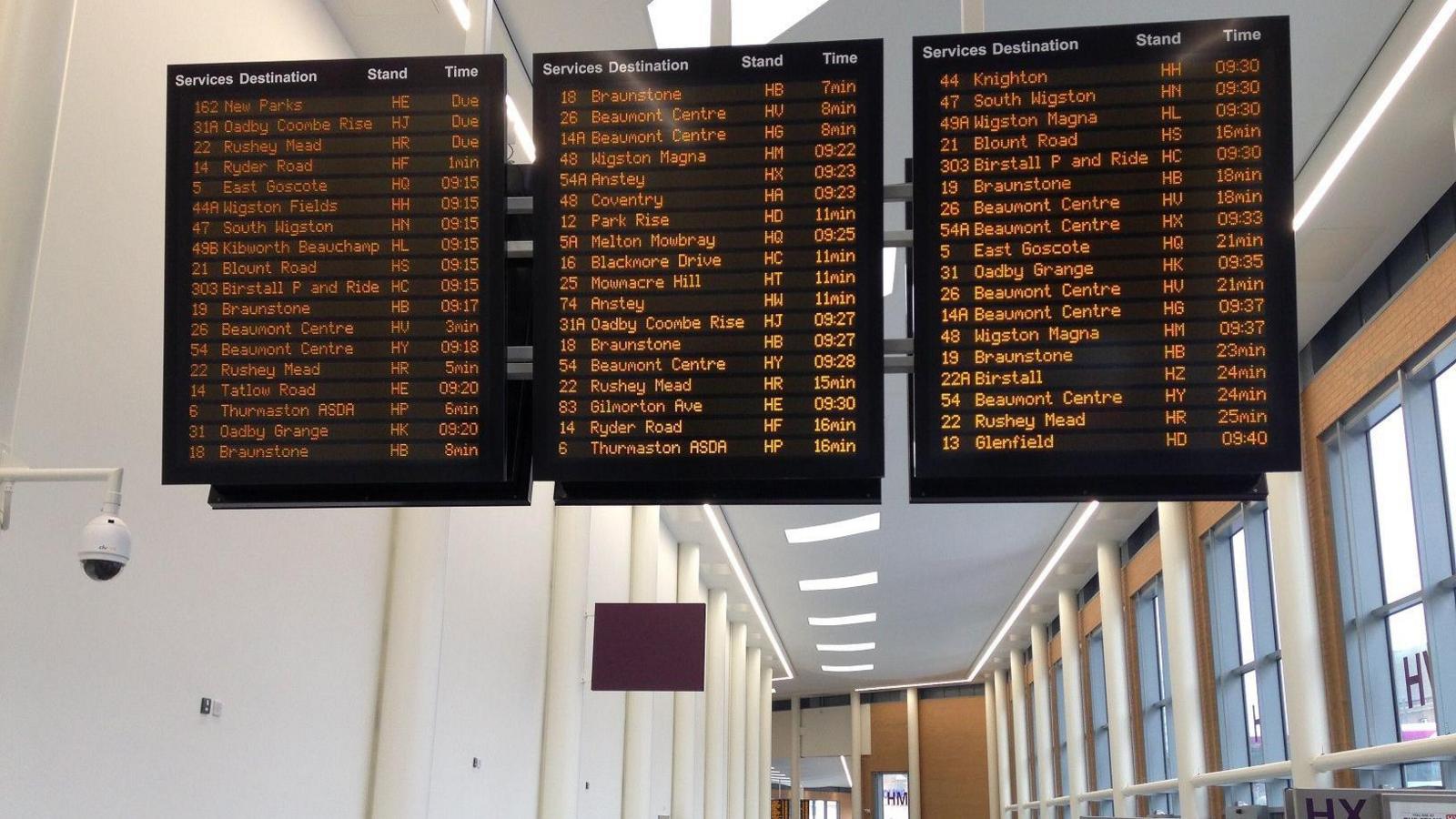 Bus timetables in a Leicester bus station