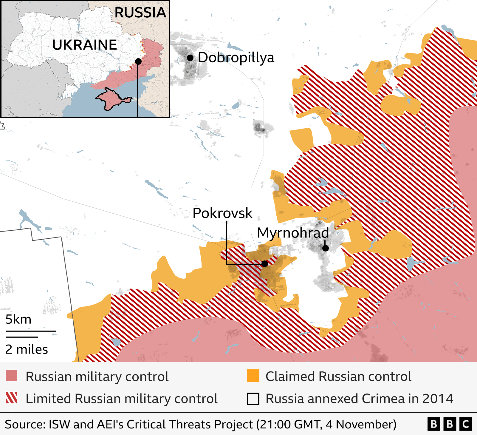 Map showing close-up of Pokrovsk under Russian attack