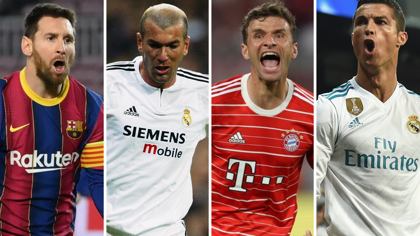 Composite image of Lionel Messi, Zinedine Zidane, Thomas Muller, Cristiano Ronaldo