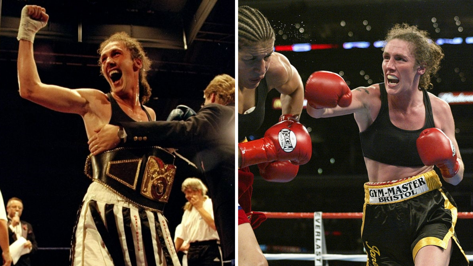 Split image of Jane Couch with a world title and fighting in the ring