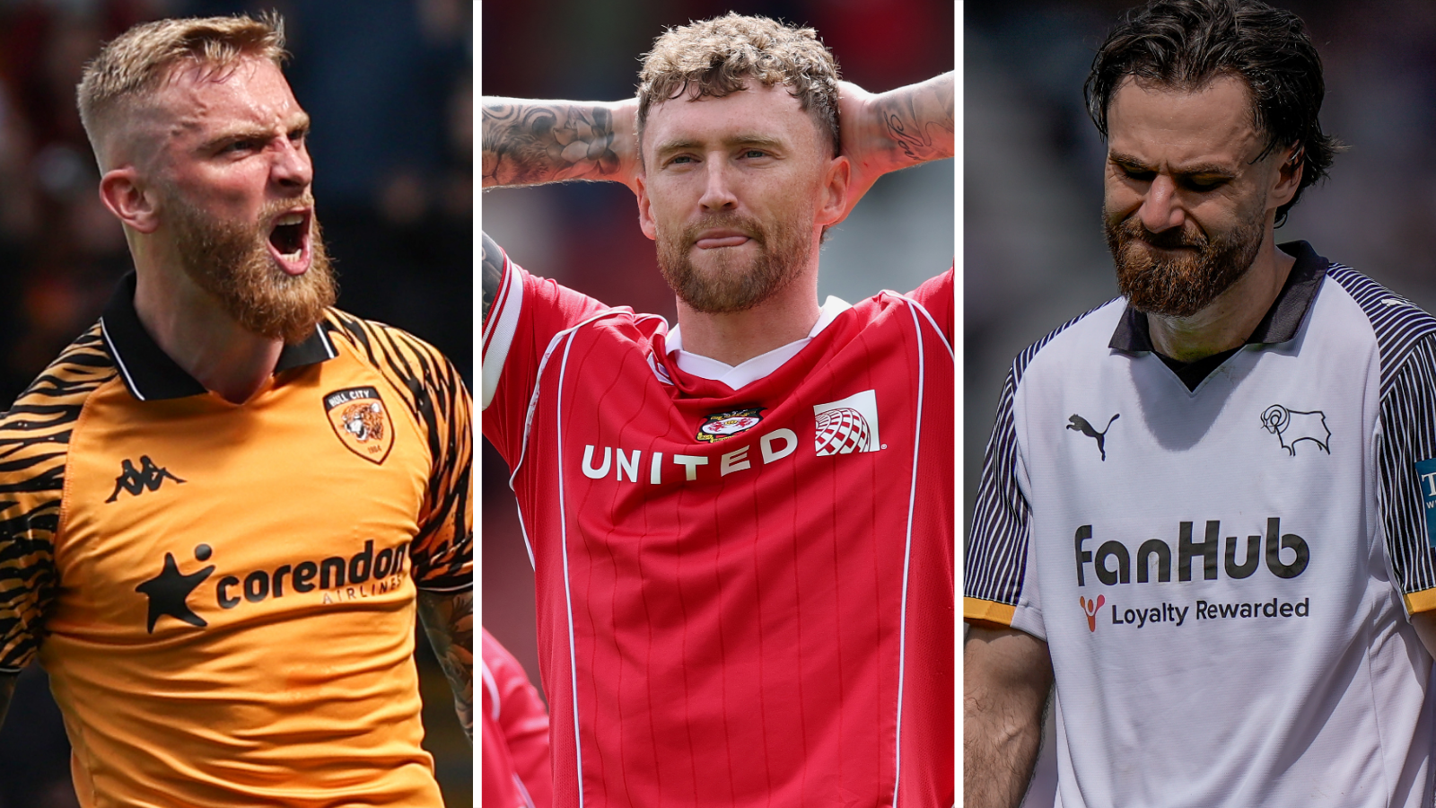 Split image of Hull's Oli McBurnie, Wrexham's Dan Scarr and Derby's Ben Brereton Diaz 
