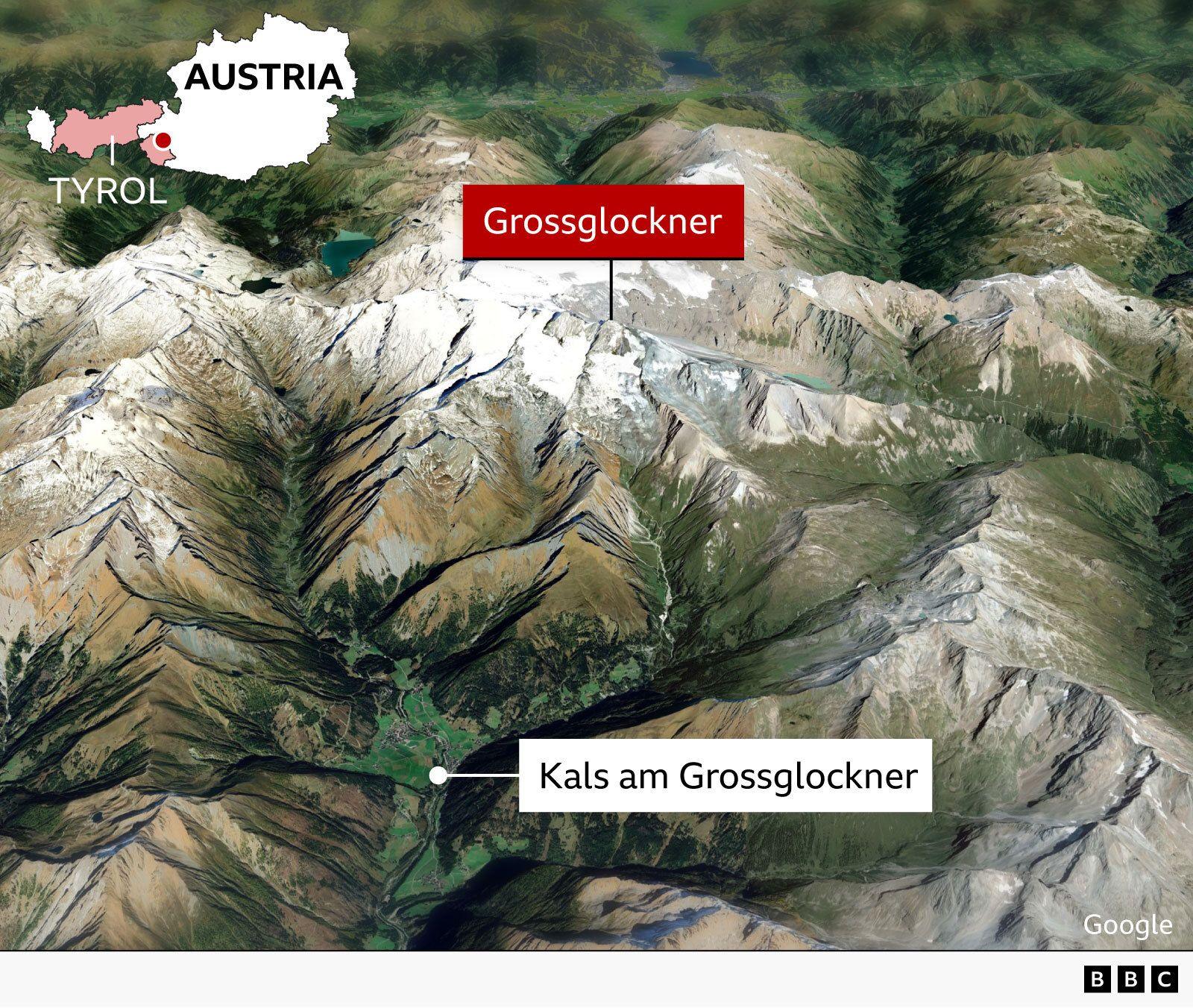Map showing Grossglockner mountain in Austria