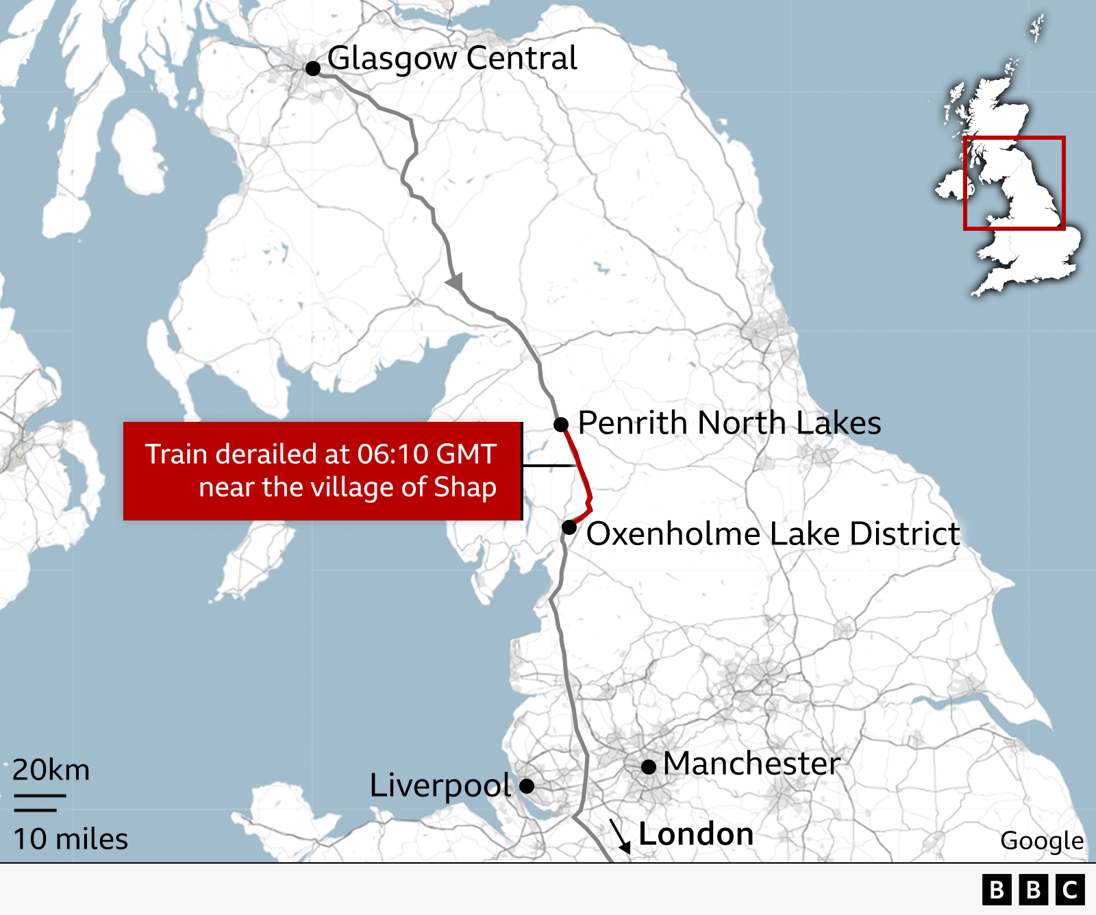 A map which is focused on the south of Scotland and the north of England. There is a line running from Glasgow Central in the top left, down the west coast towards London, signposting Liverpool and Manchester on either side at the bottom. Above that, Penrith North Lakes and Oxenholme Lake District stations are highlighted, with the line between them in red. There is a red box to the side with reads: "Train derailed at 06:10 GMT near the village of Shap."