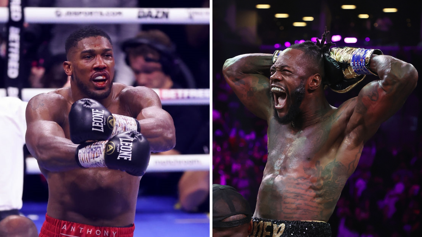 Split image of Anthony Joshua celebrating beside another image of Deontay Wilder celebrating