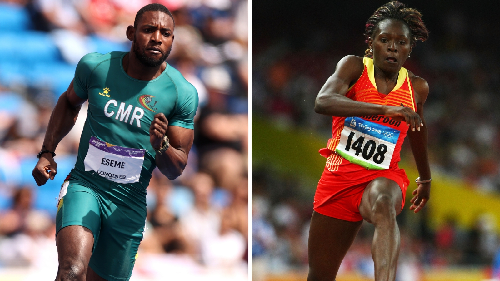 A composite image showing Emmanuel Eseme (left) and Francoise Mbango (right). Eseme is wearing green spandex Cameroon kit and a white bib with his name on it as he leans into a bend during a sprint, with a crowd seen blurred in the sunshine behind him. Mbango is wearing a red vest and shorts with a white bib with a number on it as she leaps through a triple jump at the 2008 Olympics with a look of concentration on her face