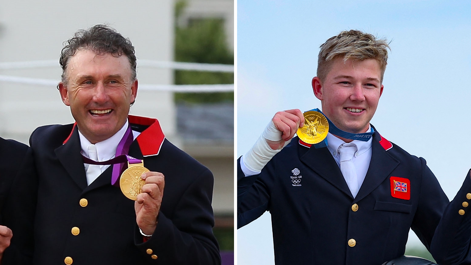 Peter Charles with his Olympic gold medal in 2012, and Harry Charles with his in 2024