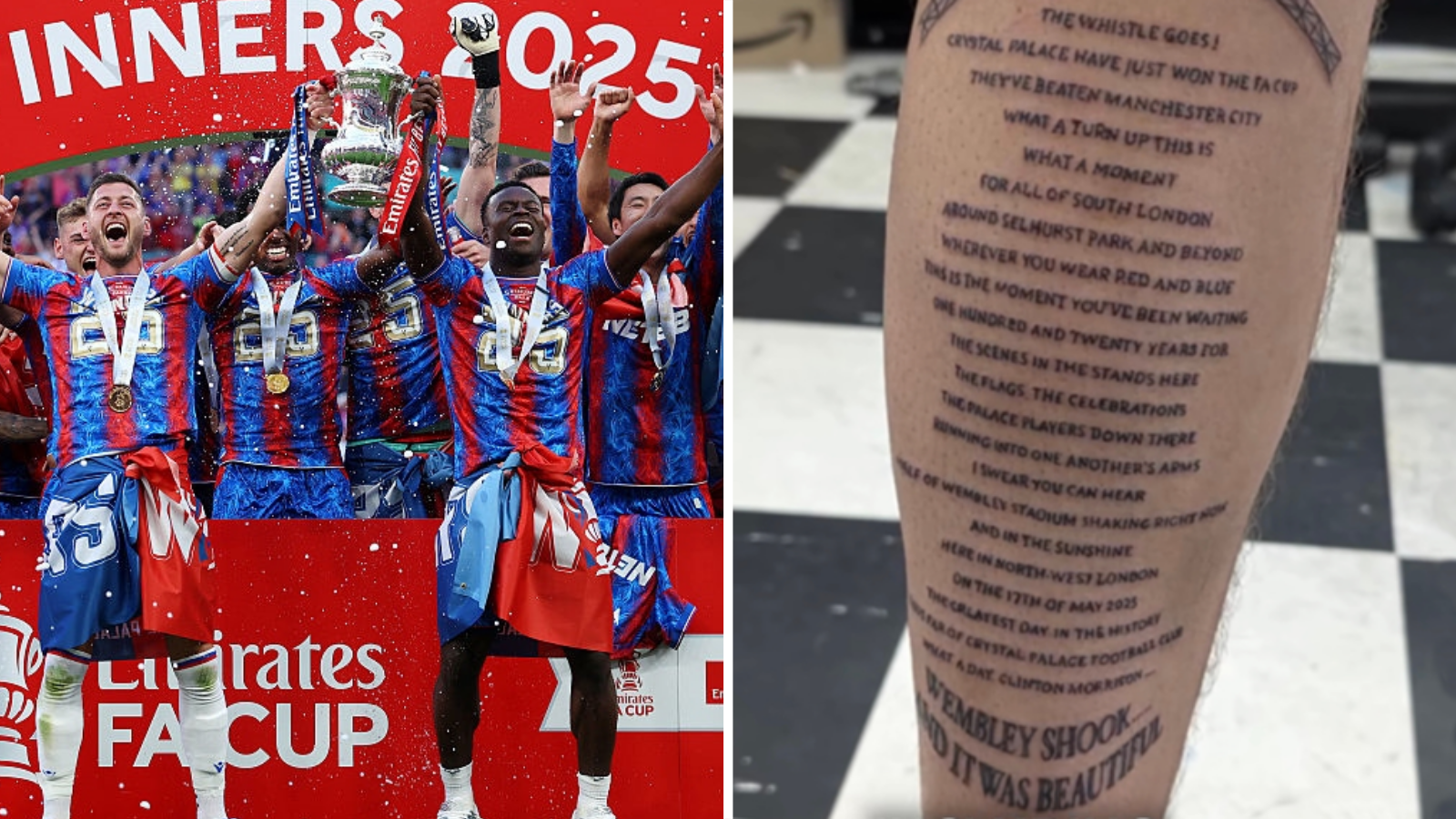 Spilt picture of Crystal Palace winning FA Cup and a tattoo from Crystal Palace supporter Lewis Carey of 5 Live commentary from the FA Cup final