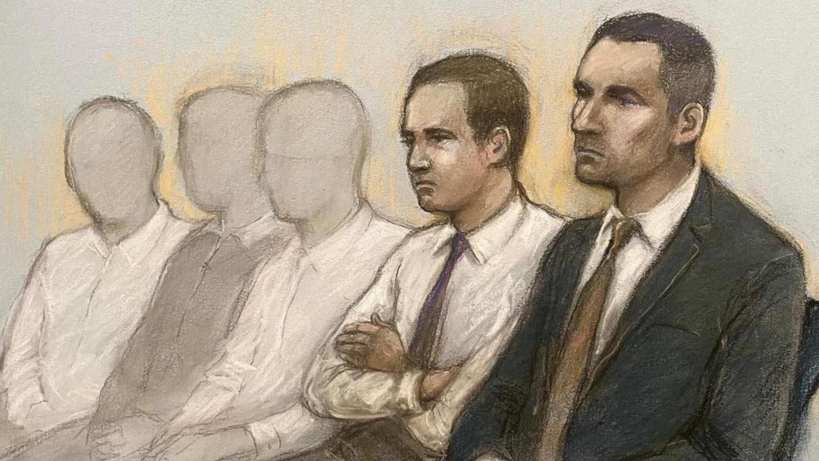 A court drawing depicting Antony Snook on the right wearing a black suit and brown tie. Next to him there is a sketch of Riley Tolliver, who is also on trial for murder, sitting with his arms folded, wearing a white shirt and a brown tie.