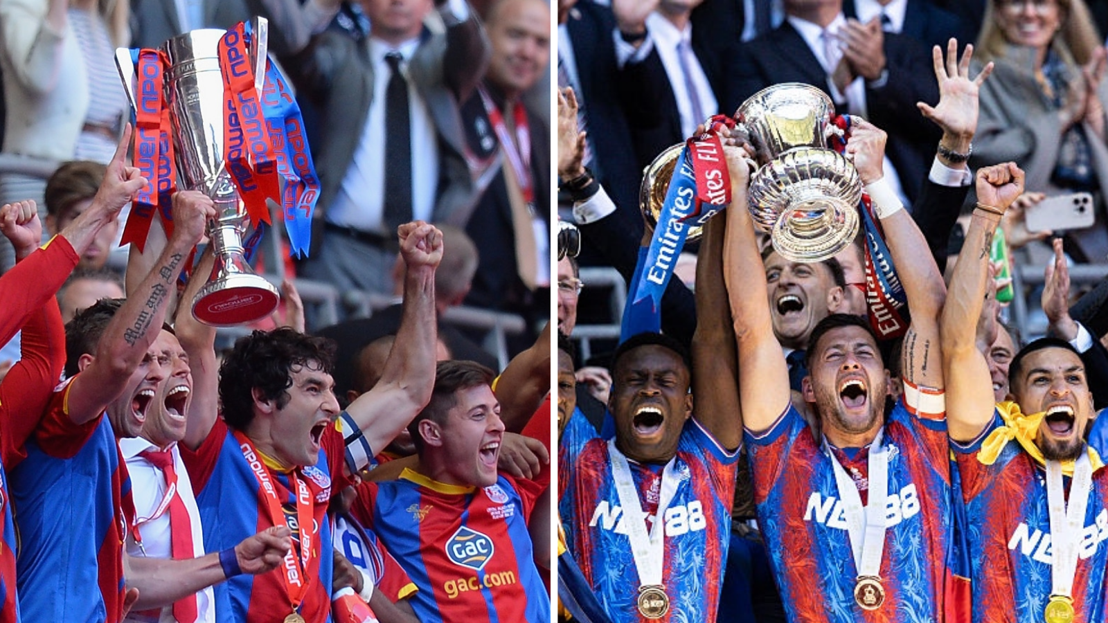 On the left, Crystal Palace players lift the Championship play-off trophy in 2013 and on the right, Joel Ward lifts the FA Cup surrounded by Palace team-mates