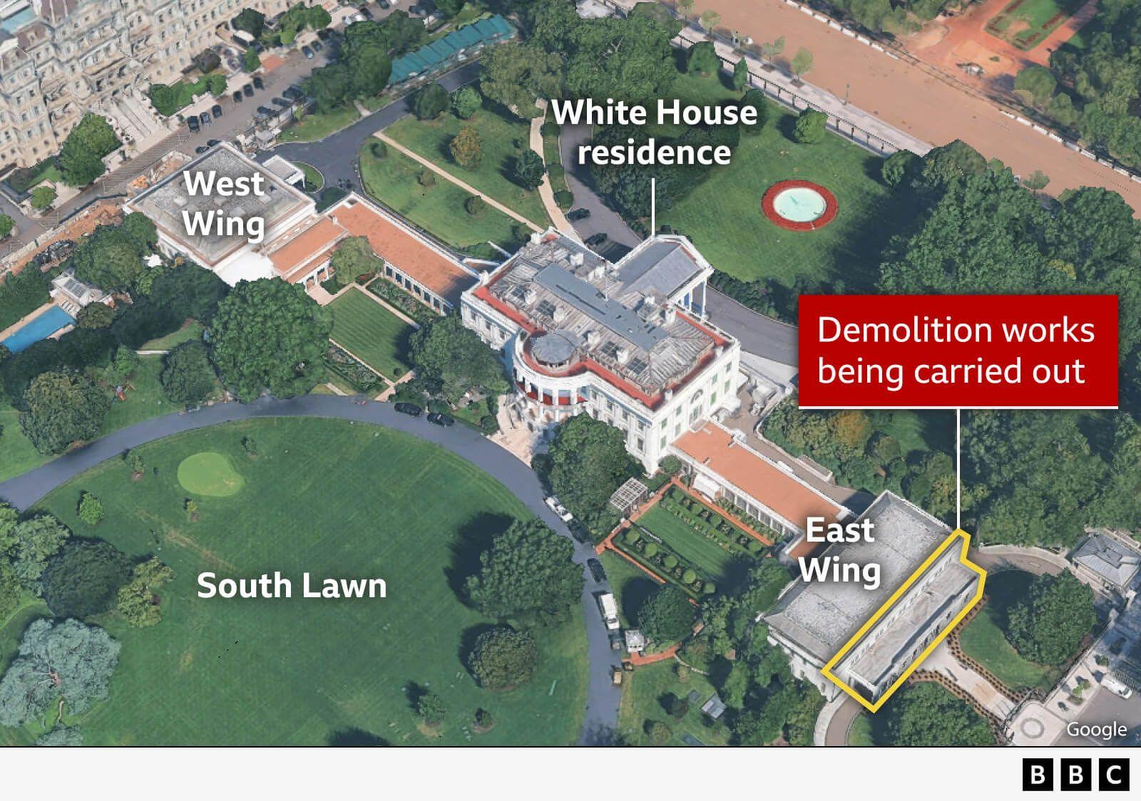 A BBC annotated satellite image shows the East Wing of the White House alongside the rest of the building and the South Lawn. It highlights a structure at the extreme east where demolition works are being carried out