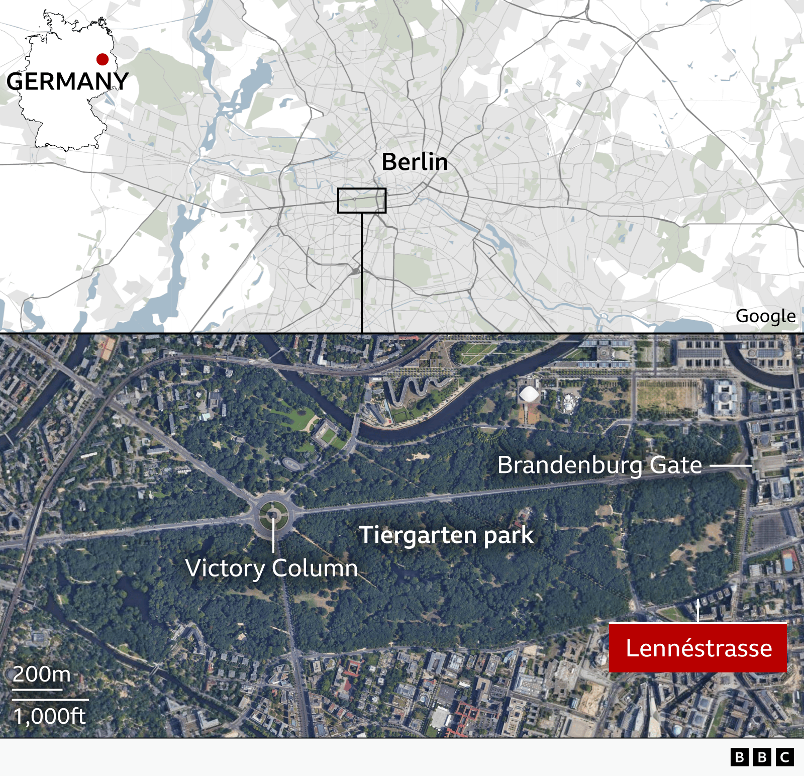Map graphic showing the location of Lennéstrasse in central Berlin, Germany. An inset map highlights Berlin within Germany. The main map zooms into the city, with a satellite view identifying Tiergarten park, the Victory Column, and the Brandenburg Gate. Lennéstrasse is marked in a red label on the south-eastern edge of the park.