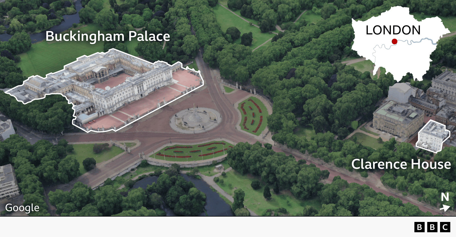 A graphic showing a Google birdseye view of the Mall with Buckingham Palace and Clarence House highlighted. There is also a located showing the position of the Mall in Lodon. 