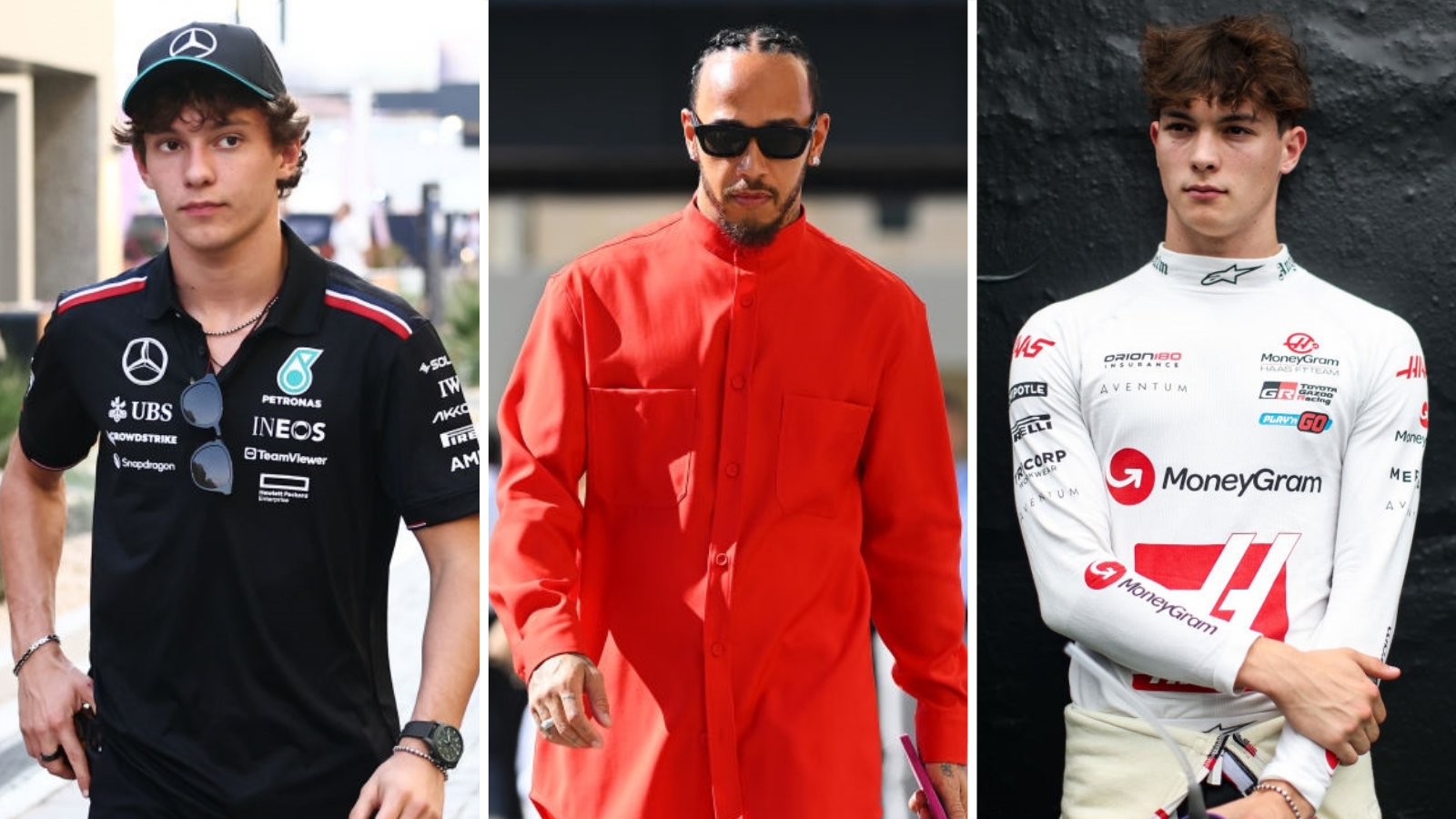 A split image of Andrea Kimi Antonelli, Lewis Hamilton and Oliver Bearman 