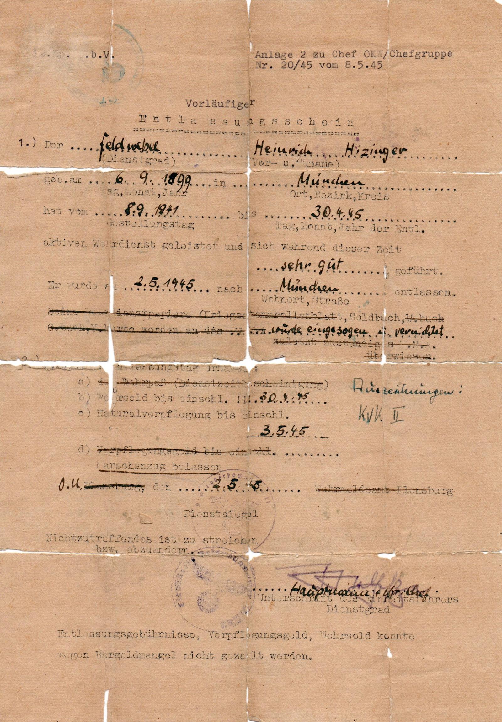 Himmler's documents, complete with false name and stamp