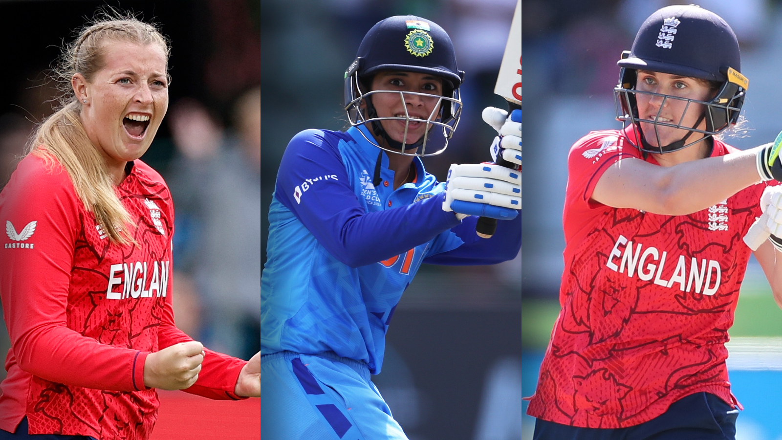 A split graphic of Sophie Ecclestone (left), Smriti Mandhana (centre) and Nat Sciver-Brunt (right)