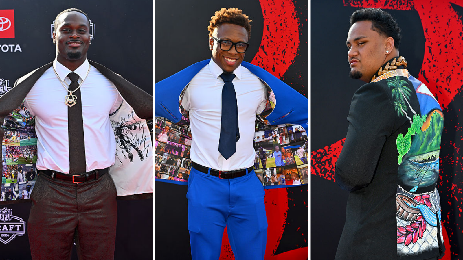 Jeremiyah Love, Colton Hood and Francis Mauigoa pose for pictures as they arrive at the 2026 NFL Draft