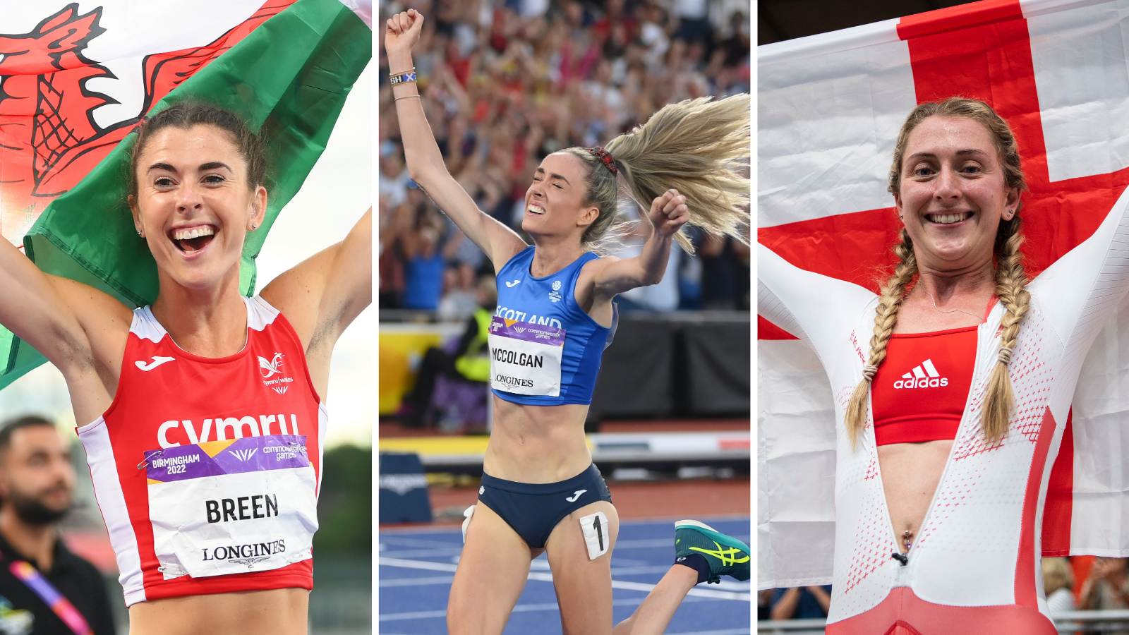 Olivia Breen, Eilish McColgan and Laura Kenny celebrate winning their gold medals for Wales, Scotland England respectively.