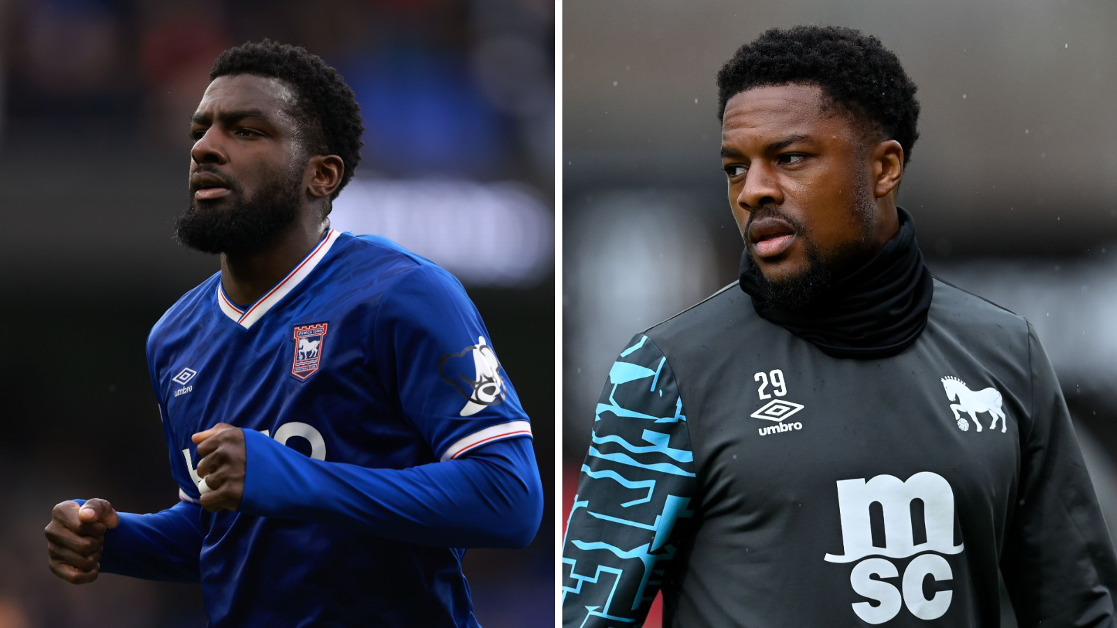 A split picture showing Ipswich Town's Cedric Kipre on the left and Chuba Akpom on the right