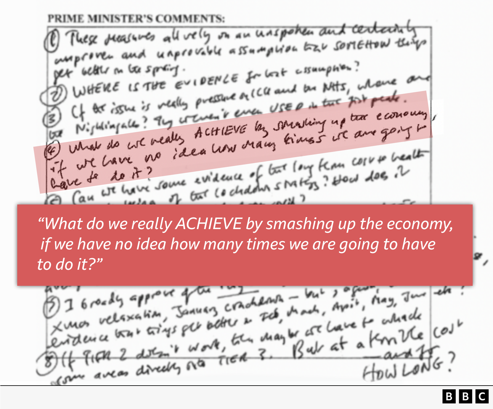 Hand-written note from Boris Johnson with the sentence highlighted saying: “What do we ACHIEVE by shrinking the economy if we don’t know how many times we are going to have to do it?”