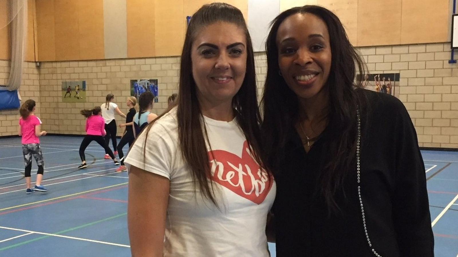 Former England netball captain, Pamela Cookey, with volunteer, Michelle Scarf, at a Winwood Juniors Netball coaching session