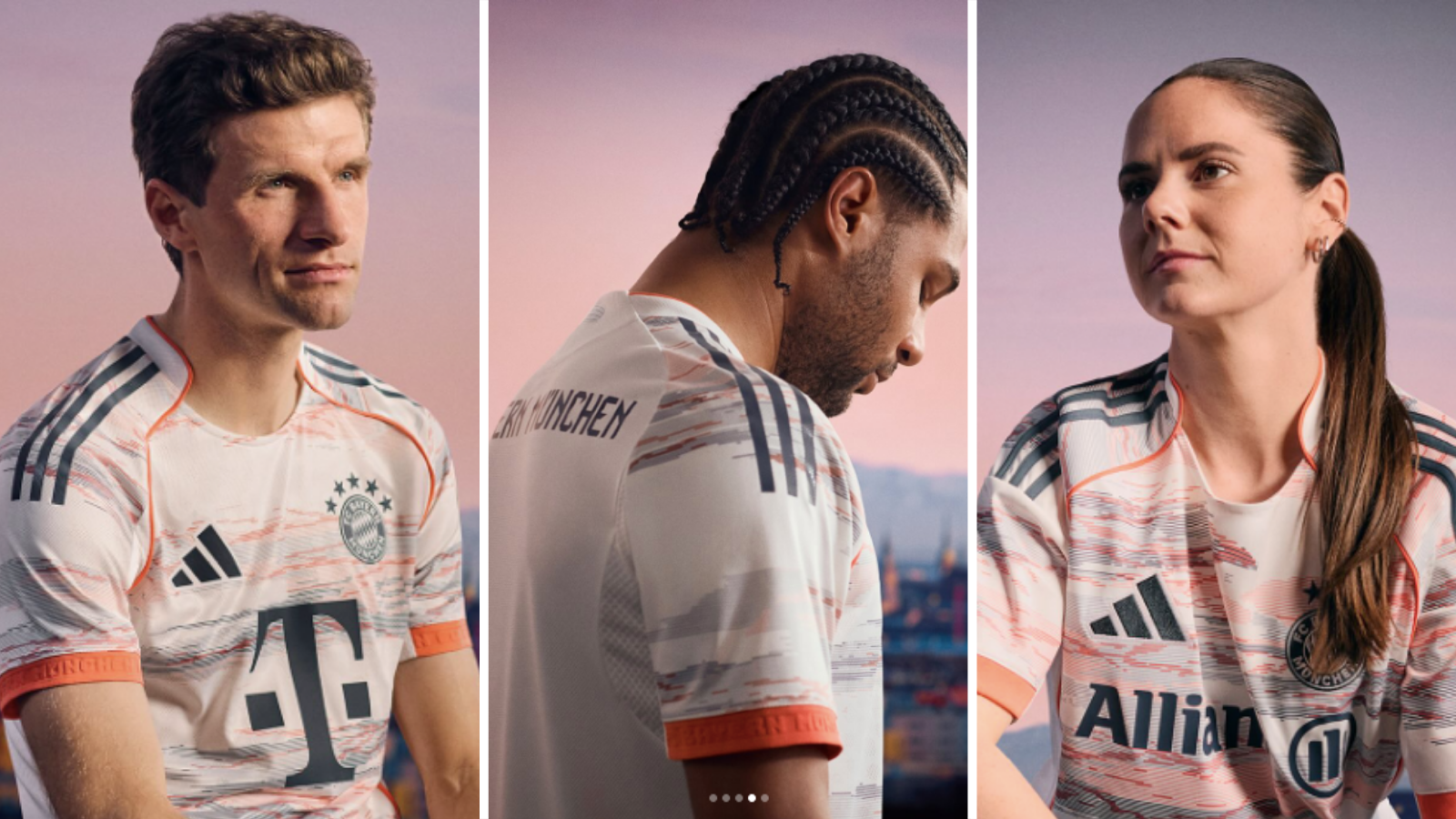 Thomas Muller, Serge Gnabry and Sarah Zadrazil wear new Bayern Munich away kit.