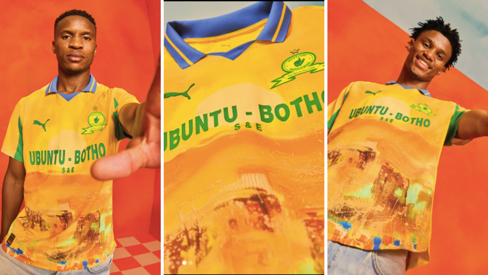 Themba Zwane and Malibongwe Prince Khoza model the new Mamelodi Sundowns home kit.