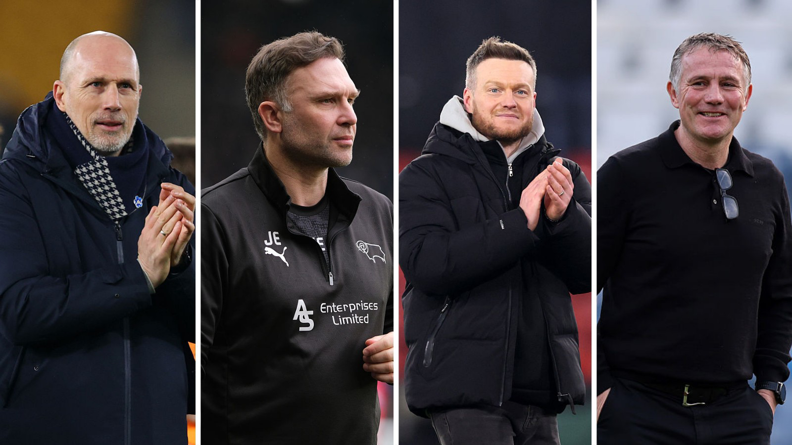 (L-R) Philippe Clement of Norwich, John Eustace of Derby, Kim Hellberg of Middlesbrough and Phil Parkinson of Wrexham.