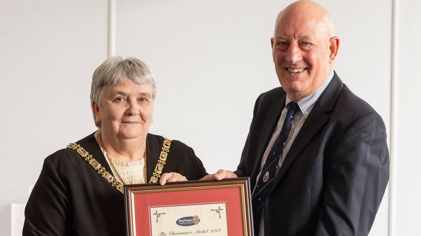 Councillor Joan Nicolson presents the Chairman's Medal to  Simon Healey of the Durham Association of Boys and Girls Clubs