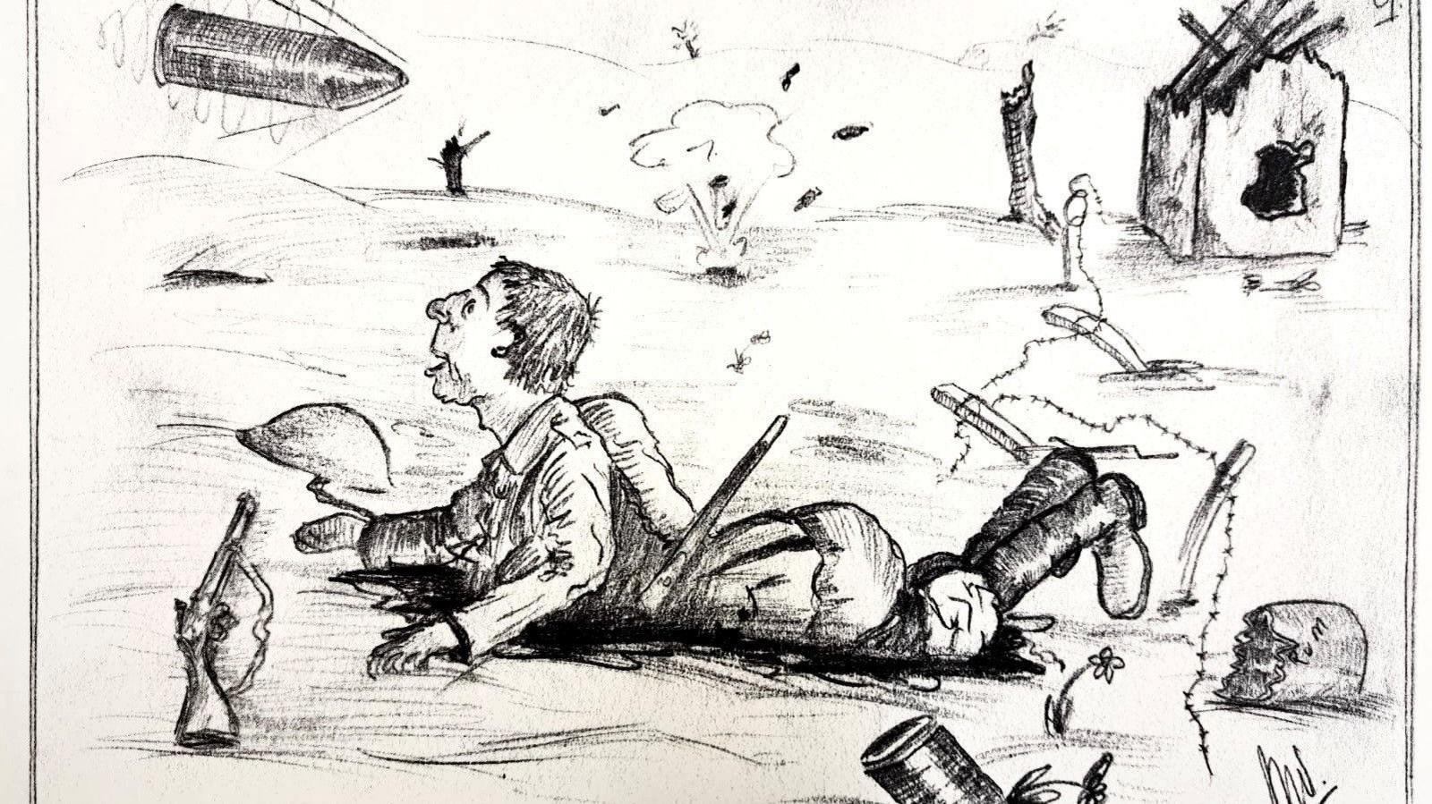 A black and white sketch showing a soldier lying on his front in no-man's land, his helmet and rifle on the ground, as a shell flies over his head