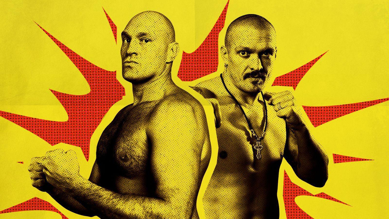 Graphic image of Tyson Fury and Oleksandr Usyk, with a yellow background and a red explosion