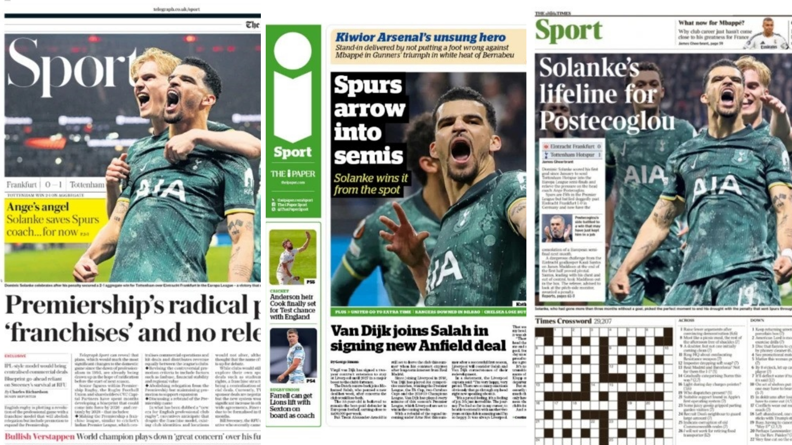 Newspaper pages discussing Tottenham's Euorpa League victory